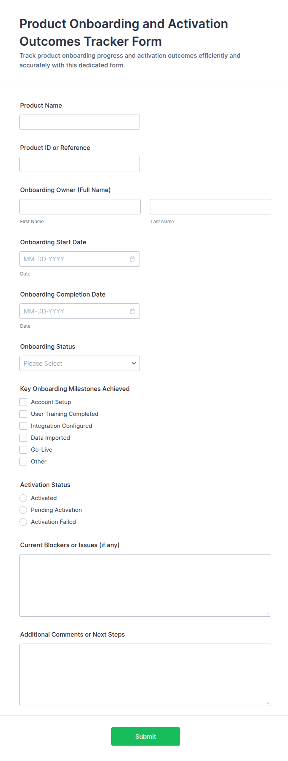 Product Onboarding and Activation Outcomes Tracker Form Template | Jotform