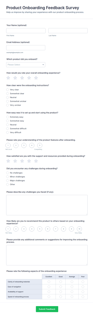 Product Onboarding Feedback Survey Form Template