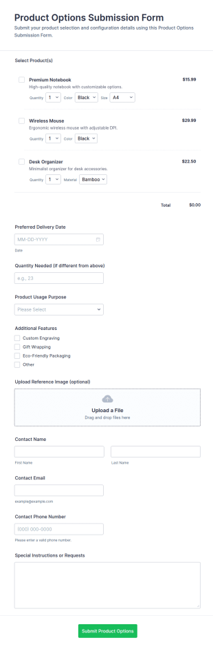 Product Options Submission Form Template