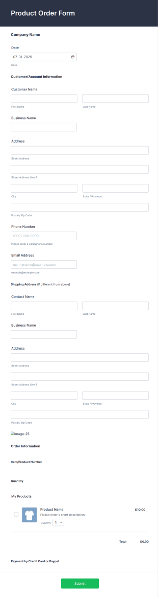 Product Order Form Template