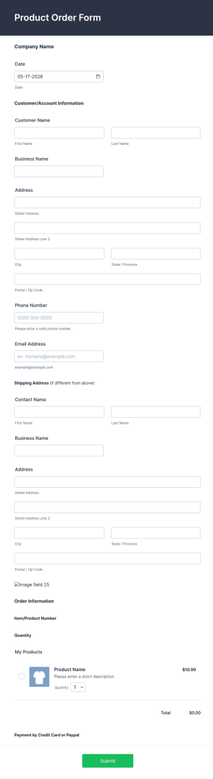 Product Order Form Template