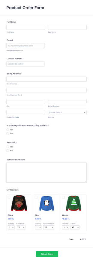 Product Order Form Payu India