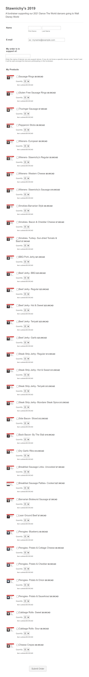 Product Order Form Stawnichy's