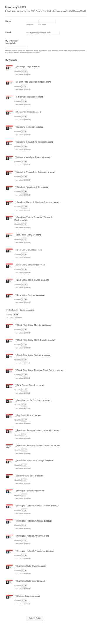 Product Order Form Stawnichy's