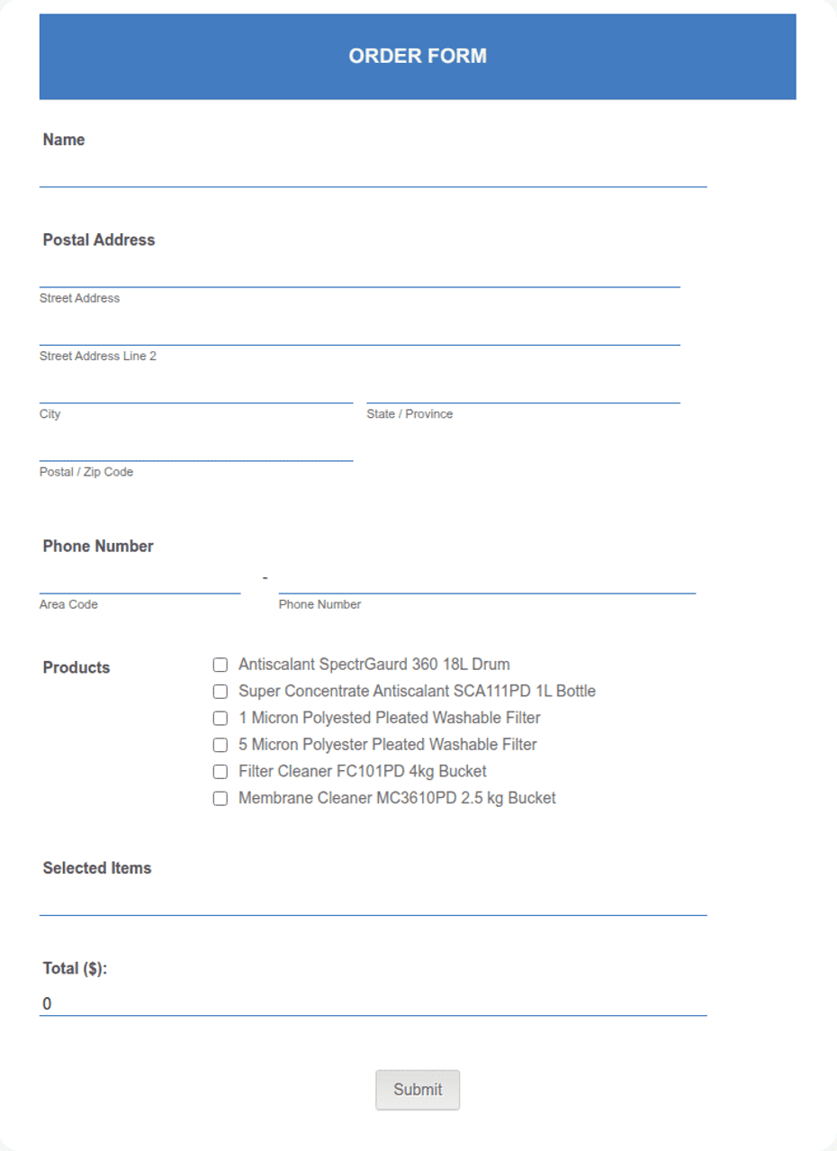 Water Treatment Equipment Order Form Template | Jotform