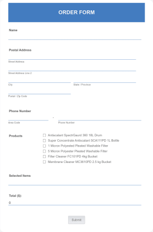 Water Treatment Equipment Order Form Template