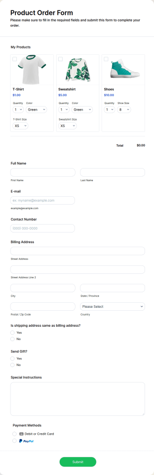 Product Order Form Template