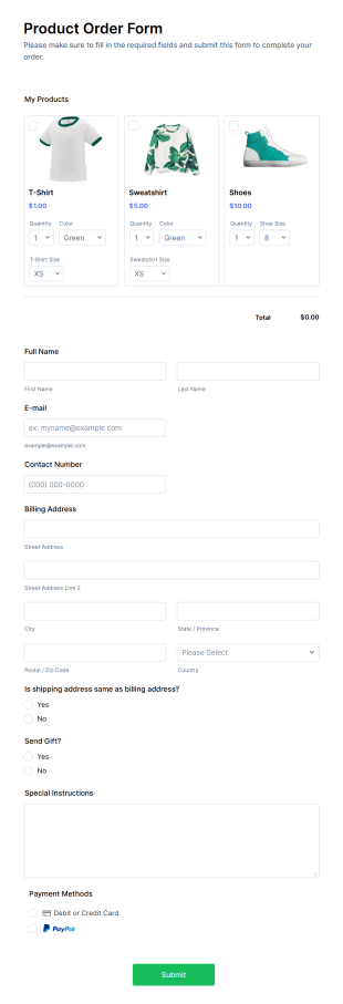 Product Order Form Template