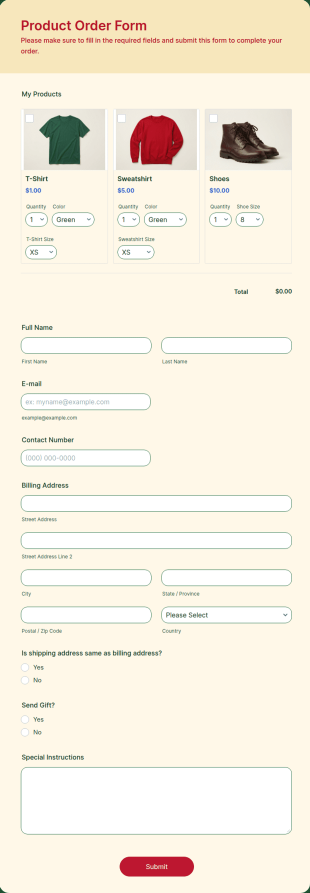 Product Order Form Template