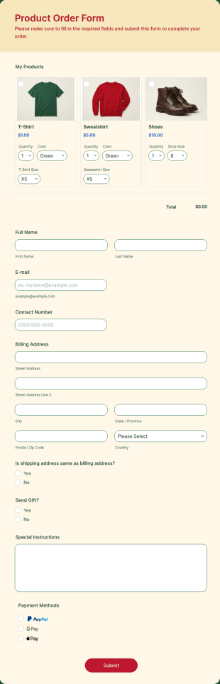 Product Order Form Template