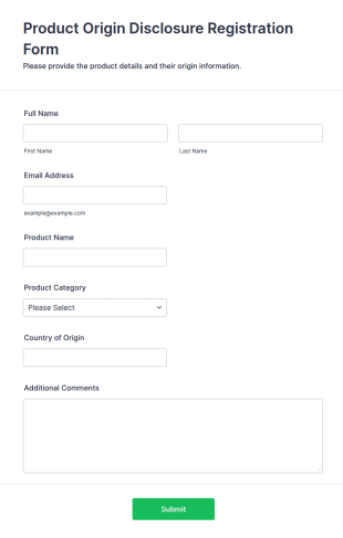 Product Origin Disclosure Registration Form Template