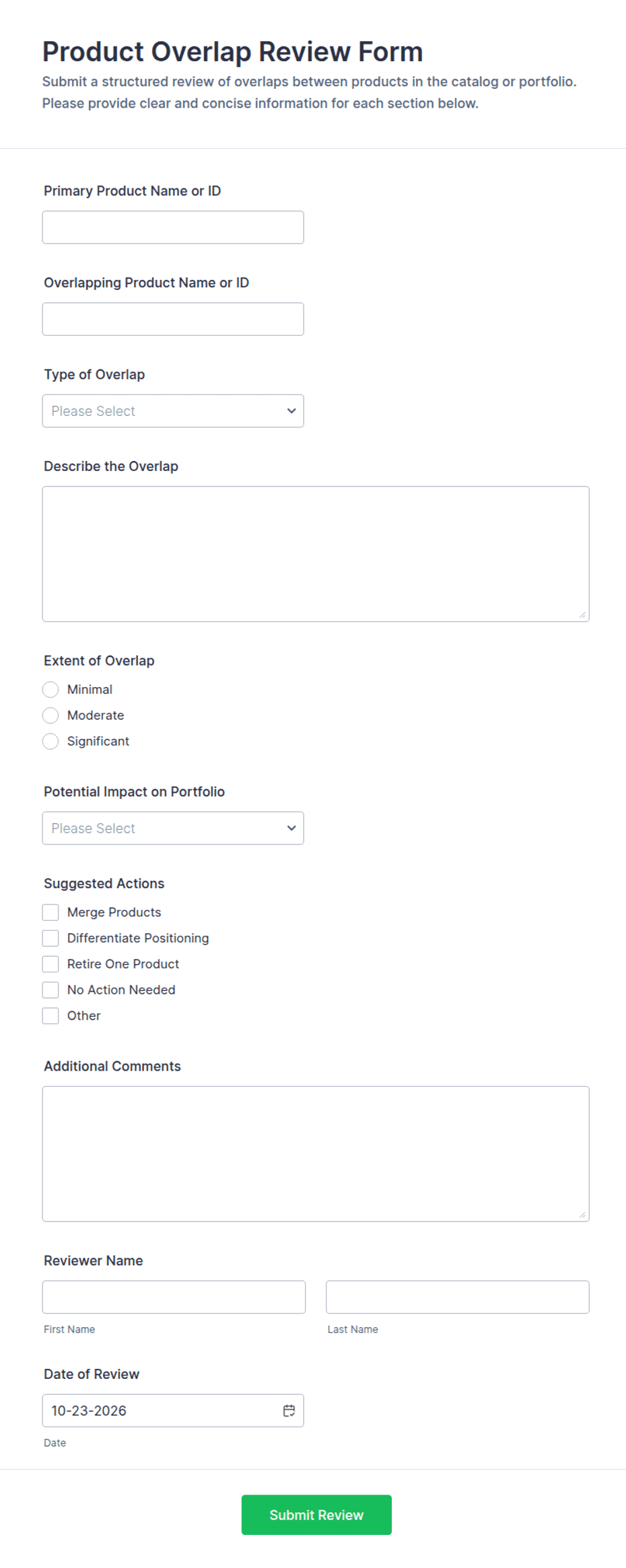Production Review Format Product Overlap Review Form Template | Jotform