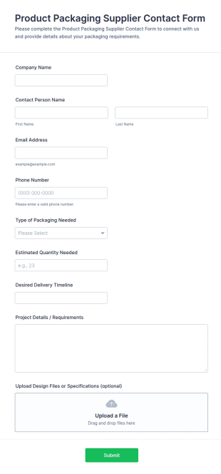 Product Packaging Supplier Contact Form Template