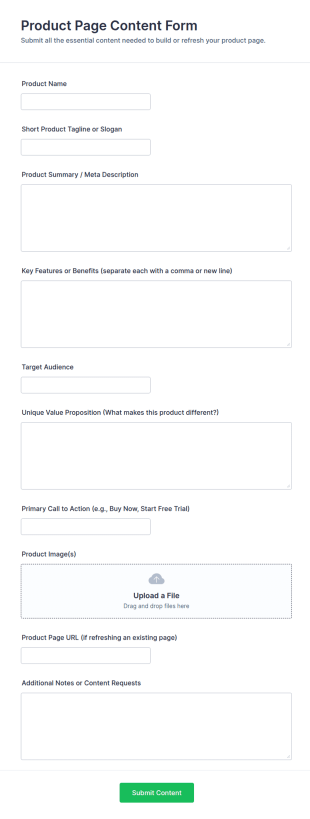 Product Page Content Form Template