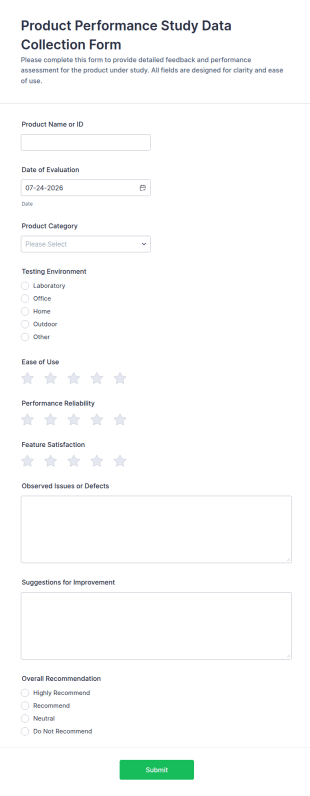 Product Performance Study Data Collection Form Template