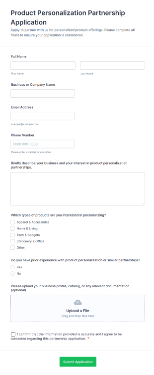 Product Personalization Partnership Application Form Template