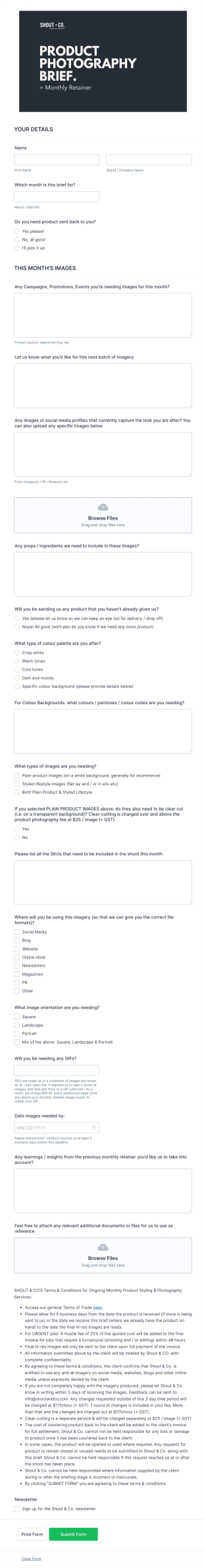 Product Photography Briefing Form Template