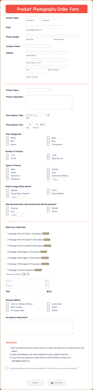 Product Photography Order Form Template