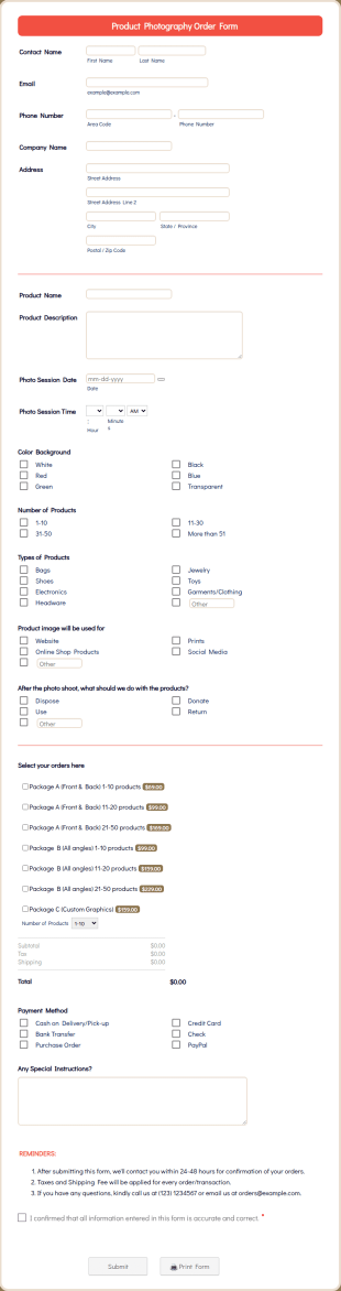 Product Photography Order Form Template