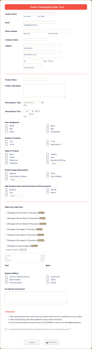 Product Photography Order Form Template