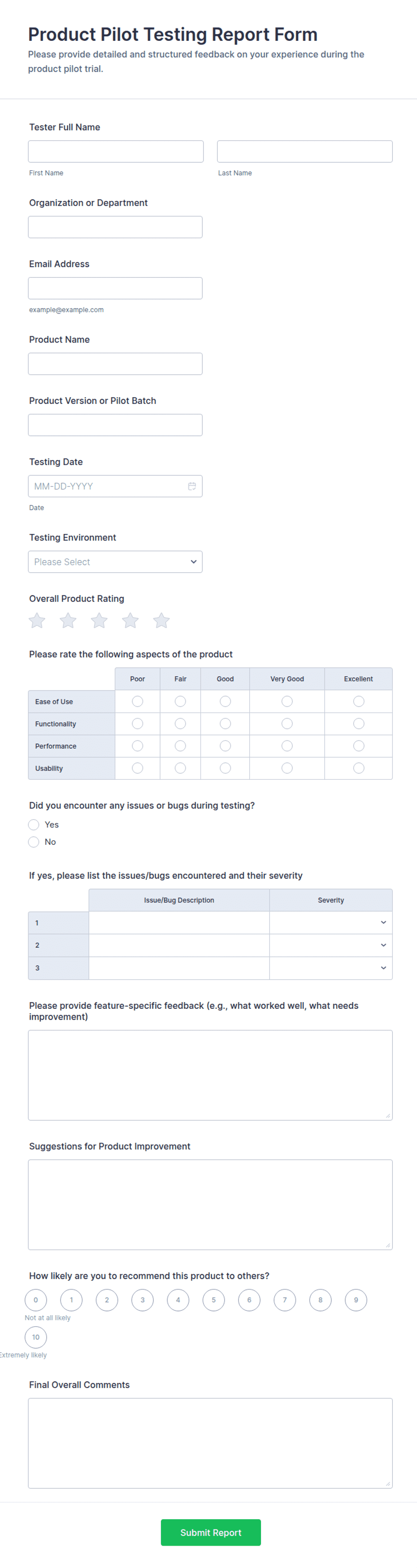 Product Pilot Testing Report Form Template | Jotform