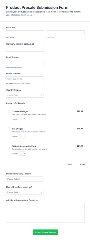 Product Presale Submission Form Template
