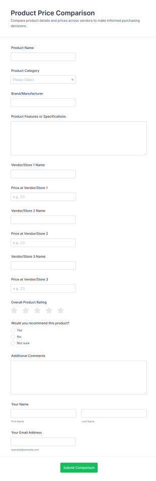 Product Price Comparison Form Template