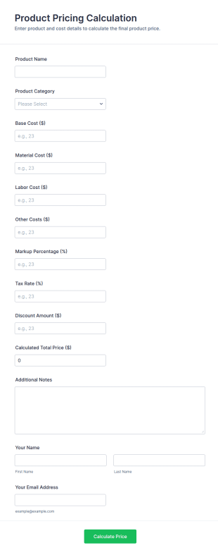 Product Pricing Calculation Form Template