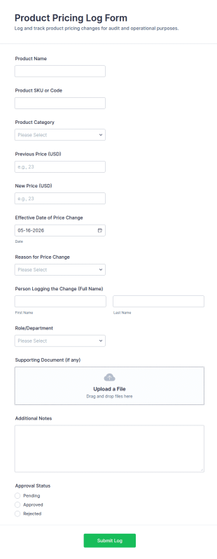 Product Pricing Log Form Template