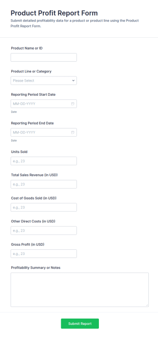 Product Profit Report Form Template