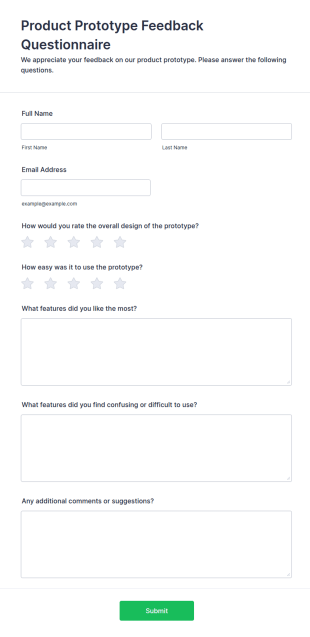 Product Prototype Feedback Questionnaire Form Template
