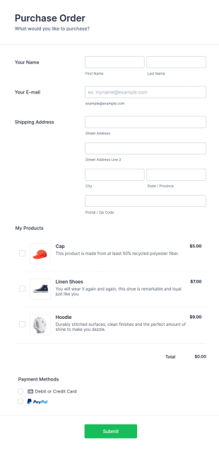 Product Purchase Order Form Template