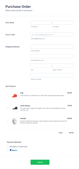 Product Purchase Order Form Template
