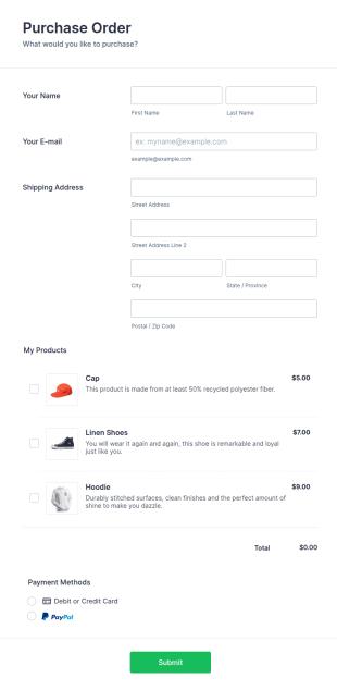 Product Purchase Order Form Template