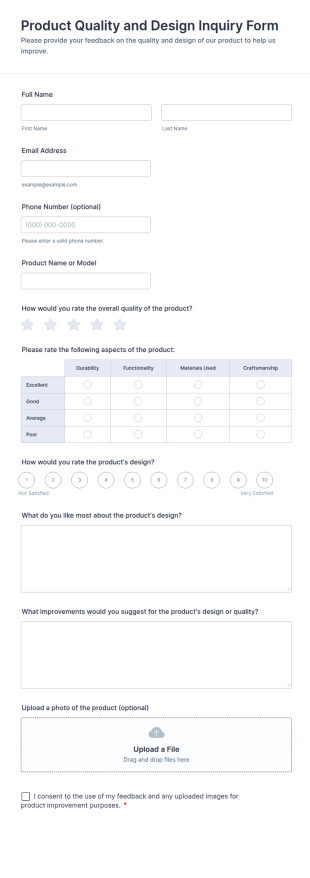 Product Quality And Design Inquiry Form Template