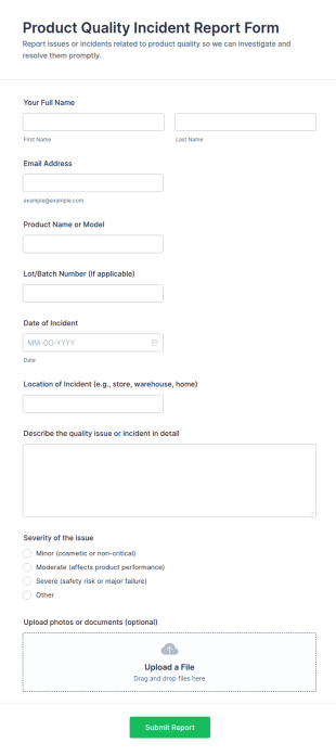 Product Quality Incident Report Form Template
