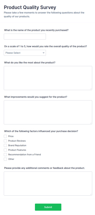 Product Quality Survey Form Template