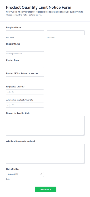 Product Quantity Limit Notice Form Template