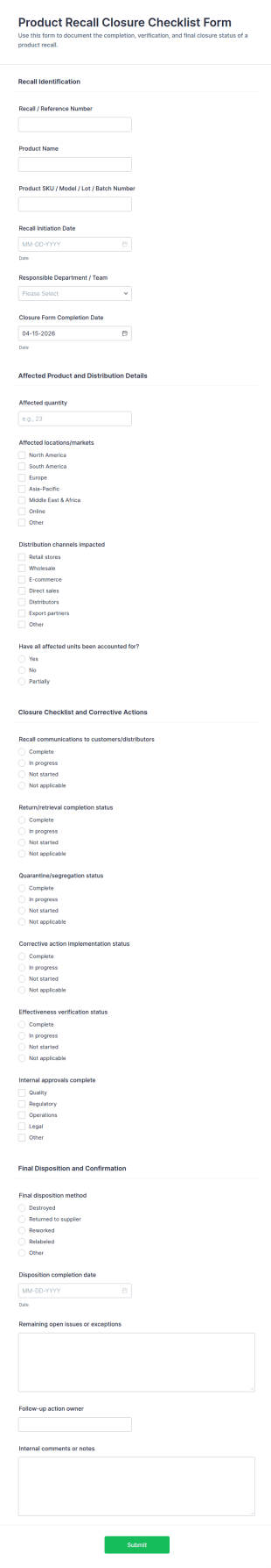 Product Recall Closure Checklist Form Template