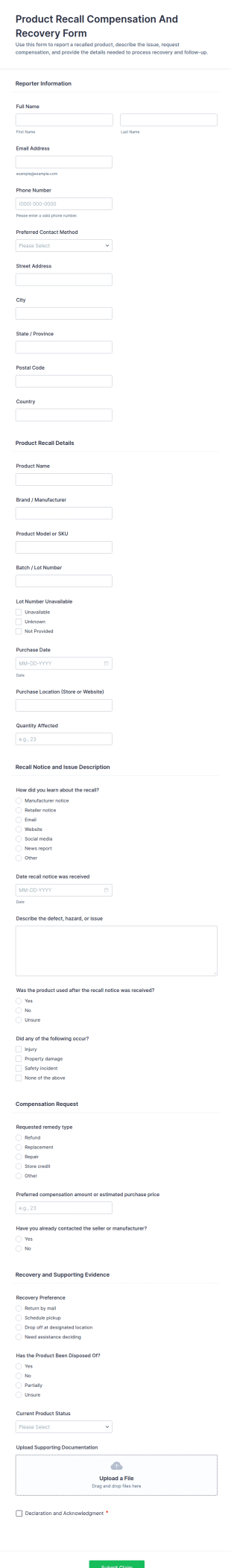 Product Recall Compensation And Recovery Form Template