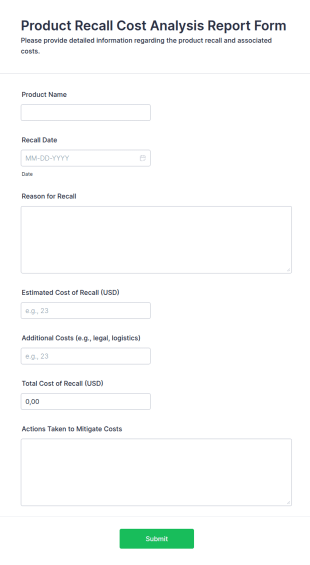 Product Recall Cost Analysis Report Form Template