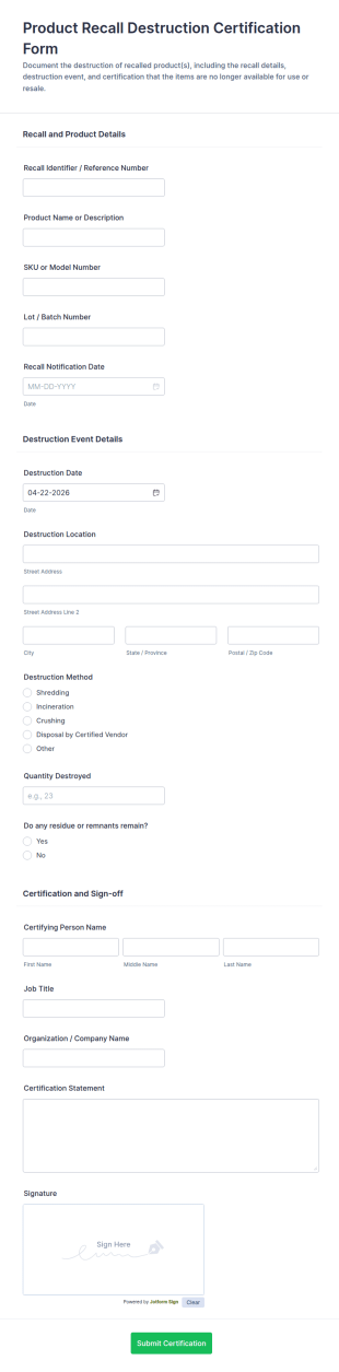 Product Recall Destruction Certification Form Template