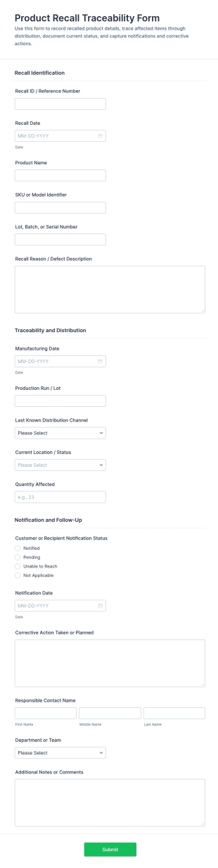 Product Recall Traceability Form Template