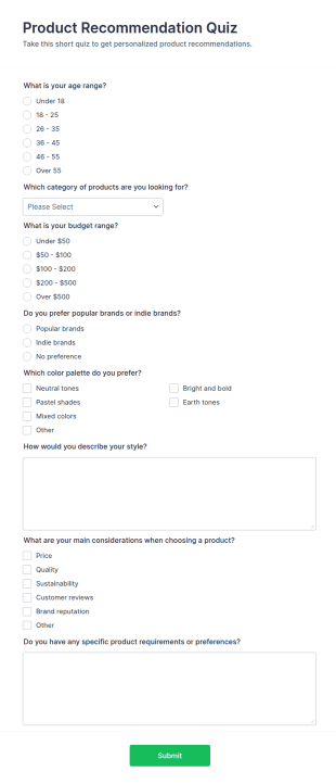 Product Recommendation Quiz Form Template