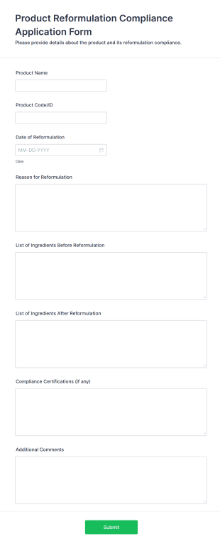 Product Reformulation Compliance Application Form Template