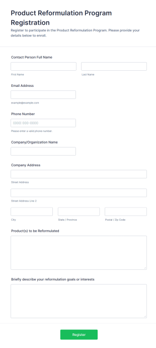 Product Reformulation Program Registration Form Template