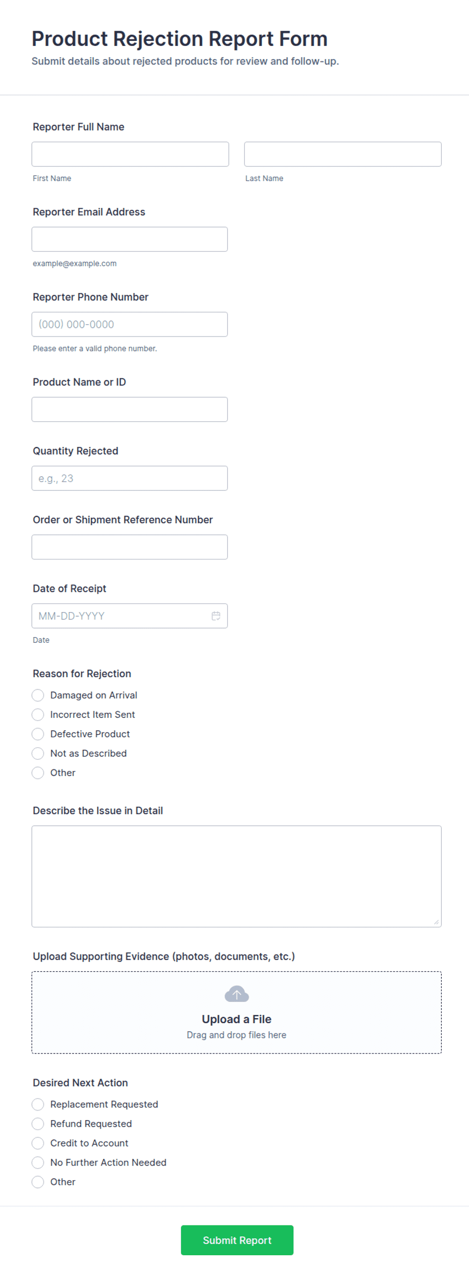 Product Rejection Report Form Template | Jotform