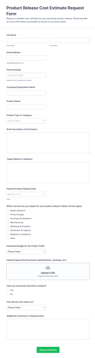 Product Release Cost Estimate Request Form Template