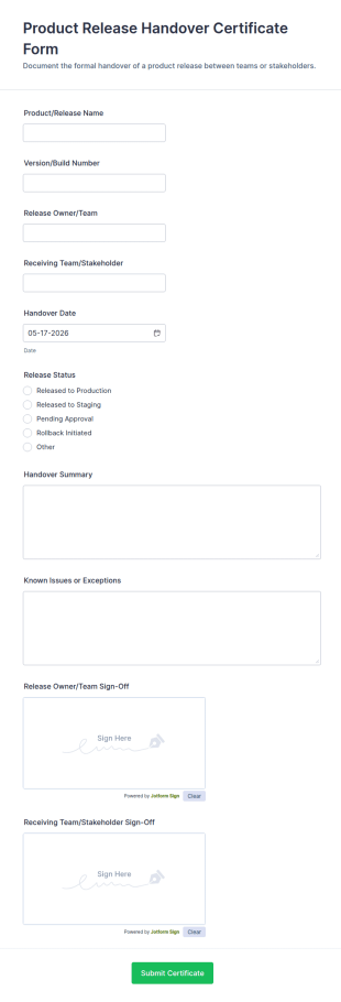 Product Release Handover Certificate Form Template