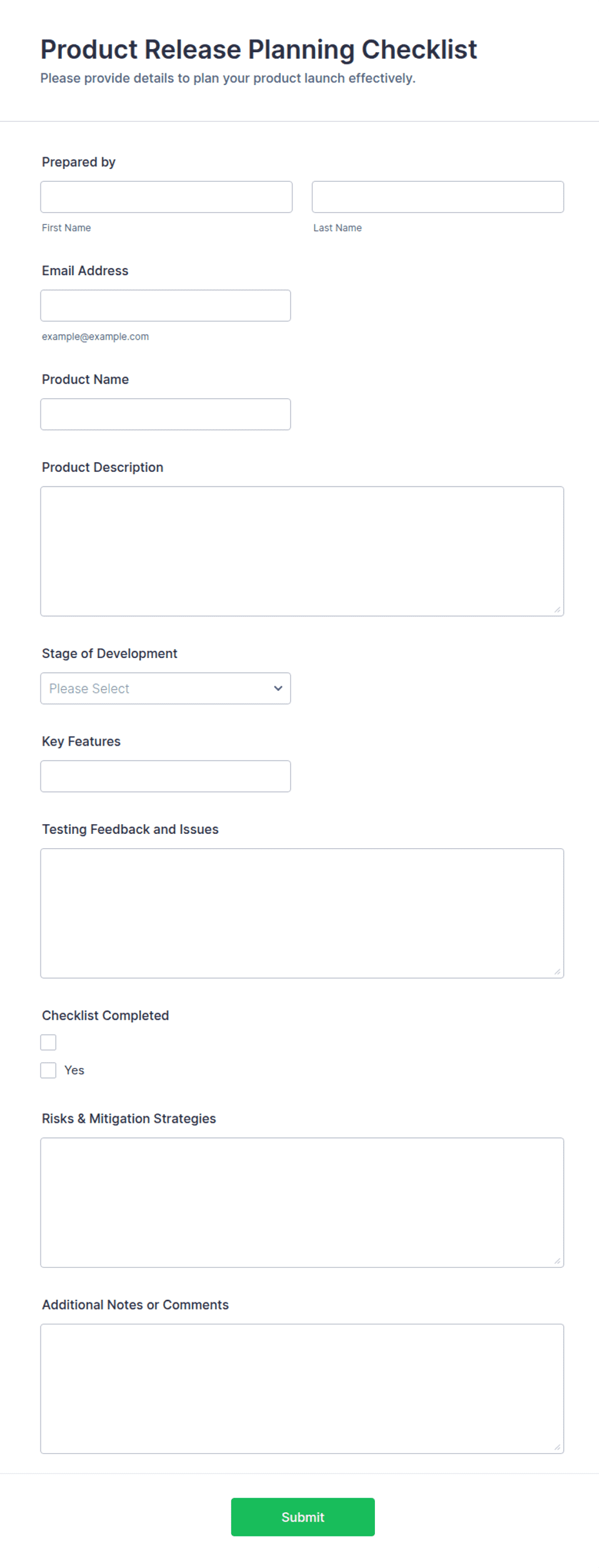Product Release Planning Checklist Form Template | Jotform